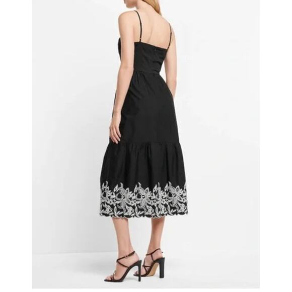 Express Brand Size XL Embroidered Ruched Black Poplin Midi Dress Black NWT - Picture 2 of 11